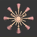Red Chandelier with Golden Metal Frame and Decorative Red Shades for Interior Lighting