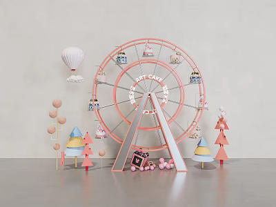 Cute Store Window Display With Pink Ferris Wheel Hot Air Balloon Gift Boxes And Candies 3d model