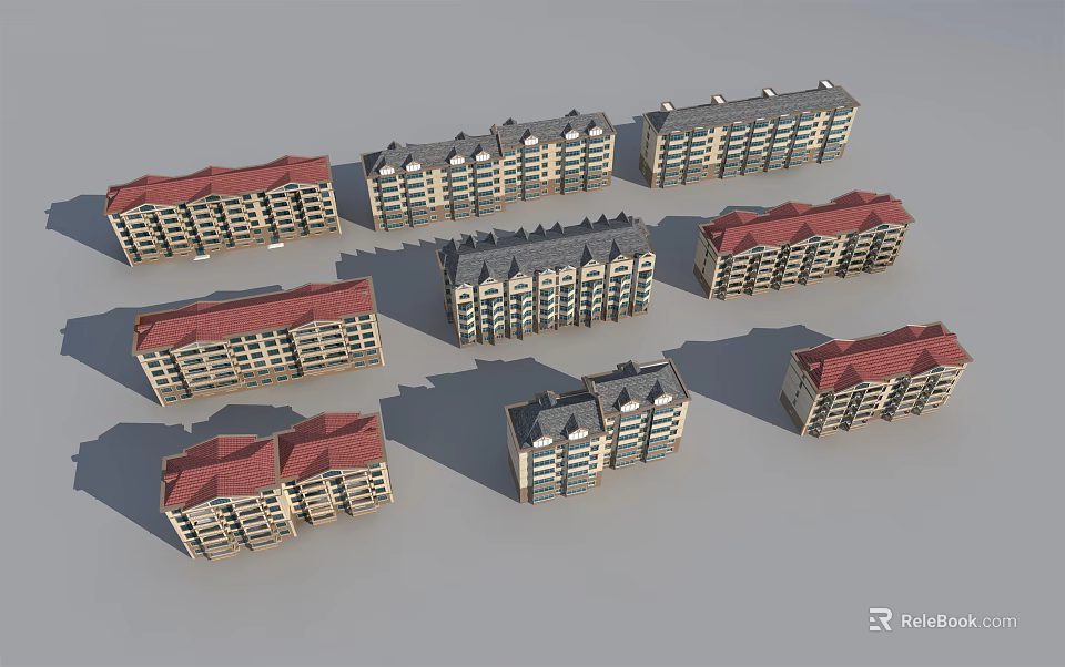 Various Residential Buildings with Different Architectural Styles Red Roofs and Multi story Designs 3d model 