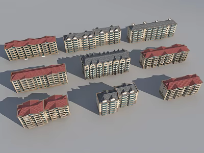 Various Residential Buildings with Different Architectural Styles Red Roofs and Multi story Designs 3d model