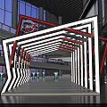 Modern Pergola Design With Black White Stripes And LED Lighting In Glass Building Hall