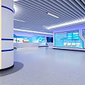 Modern Exhibition Hall Featuring Large Screen Showing Urban Planning Layout And Columns