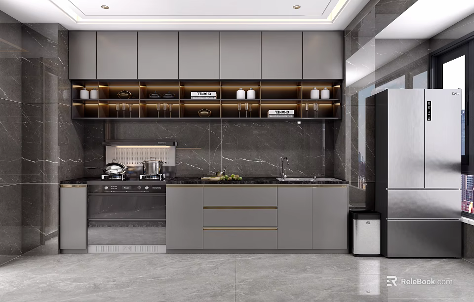 Modern Kitchen With Gray Cabinets Marble Countertop And Stainless Steel Refrigerator 3d model 