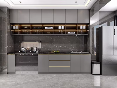 Modern Kitchen With Gray Cabinets Marble Countertop And Stainless Steel Refrigerator 3d model