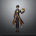 Fantasy Game Character Wearing Brown Purple Coat Holding Yellow Flower Shaped Creature