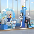 Vibrant Uniform Show Display With Mannequins Cartoon Character Clothing And Blue Background