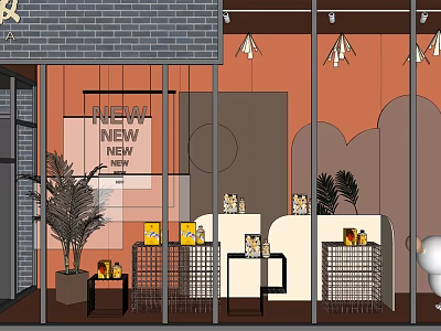 Shop Window Display With New Products Palm Plant Orange Wall Pendant Lights And Wire Racks 3d model