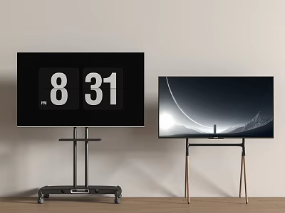 Two Modern TVs With Digital Clock And Scenic Display On Floor Stands 3d model