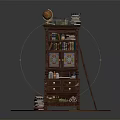 Vintage Wooden Bookcase with Multiple Shelves Books Globe Ladder and Decorative Carved Drawers