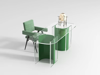 Elegant Modern Green Desk Design With Transparent Glass Top And Chair 3d model