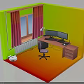 Home Office Interior With Green Yellow Walls Pink Curtains Dual Monitors And Orange Red Floor