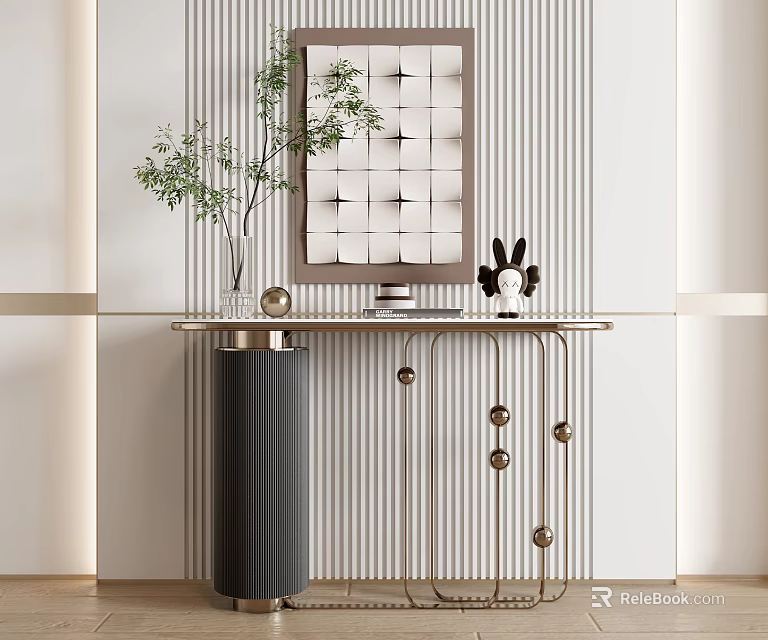 Elegant Modern Console Table With Metal Frame Green Plant Rabbit Decor And Striped Wall 3d model 