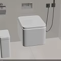 Modern White Bathroom With Wall Mounted Toilet Trash Bin Toilet Paper Holder And Shower Hose