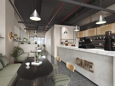 Modern Cafe Interior Design With Marble Counter Seating Area Pendant Lights And Green Plants 3d model