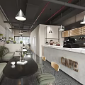 Modern Cafe Interior Design With Marble Counter Seating Area Pendant Lights And Green Plants