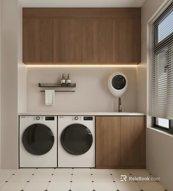 Home Balcony Laundry Area With Wooden Cabinets Washing Machines Dryer And Shelf Lighting 3d model 
