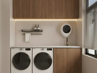Home Balcony Laundry Area With Wooden Cabinets Washing Machines Dryer And Shelf Lighting 3d model