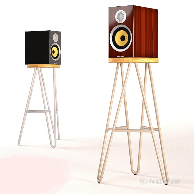 Wooden And Black Speakers On Metal Stands For Audio System Setup 3d model 