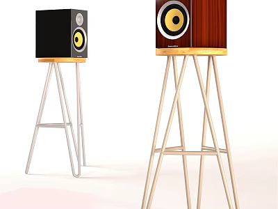 Wooden And Black Speakers On Metal Stands For Audio System Setup 3d model