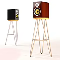 Wooden And Black Speakers On Metal Stands For Audio System Setup