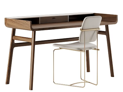 Modern Minimalist Desk With Walnut Wood Finish And White Metal Frame Chair 3d model