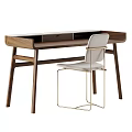 Modern Minimalist Desk With Walnut Wood Finish And White Metal Frame Chair