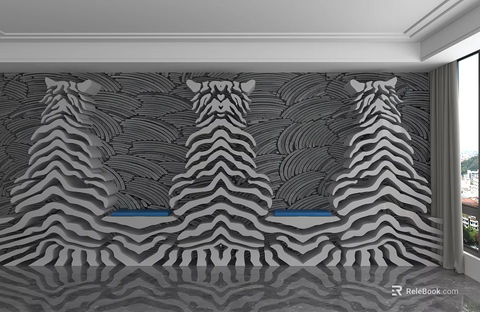 Modern Background Wall With Zebra Striped Wave Patterns In Black And White 3d model 