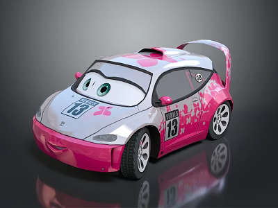 Cartoon Pink And White Race Car With Floral Patterns Number 13 Big Eyes Rear Spoiler 3d model