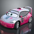 Cartoon Pink And White Race Car With Floral Patterns Number 13 Big Eyes Rear Spoiler