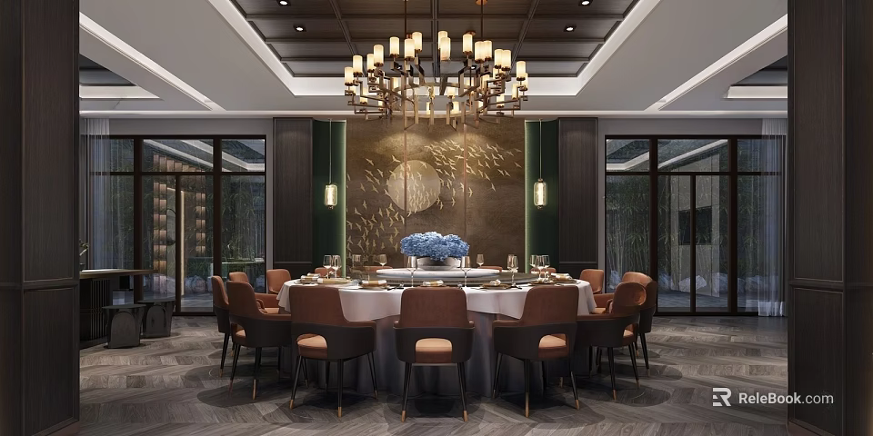 Elegant Private Dining Room With Round Table Chandelier Decorative Wall And Chairs 3d model