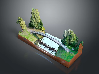 Miniature Landscape Model With Stone Bridge Flowing River Grass And Green Trees 3d model