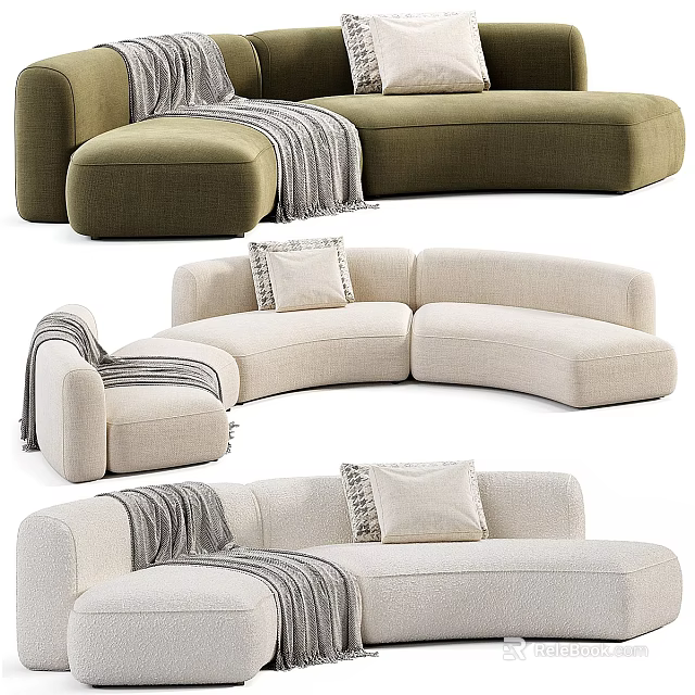 Modern Curved Sectional Sofa with Beige Green Upholstery Decorative Pillows and Throw Blankets 3d model 