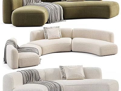 Modern Curved Sectional Sofa with Beige Green Upholstery Decorative Pillows and Throw Blankets 3d model