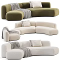 Modern Curved Sectional Sofa with Beige Green Upholstery Decorative Pillows and Throw Blankets