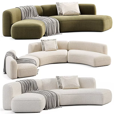 Modern Curved Sectional Sofa with Beige Green Upholstery Decorative Pillows and Throw Blankets 3d model
