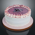 Delicious Decorated White Cream Cake With Purple Top Cream Flowers And Chocolate Decoration On Brown Tray