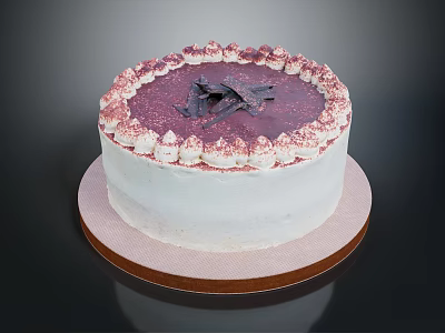 Delicious Decorated White Cream Cake With Purple Top Cream Flowers And Chocolate Decoration On Brown Tray 3d model