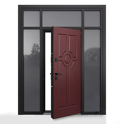 Open Maroon Exterior Door With Circular Design Glass Panels And Black Frame 3d model