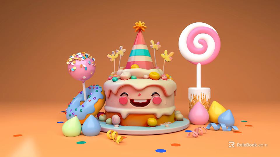 Art Installation Featuring Smiley Cake With Party Hat Lollipop Donut Macarons And Colorful Confetti Sprinkles 3d model 