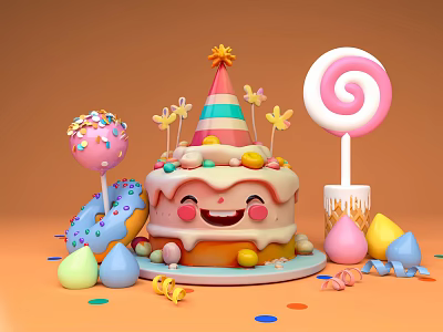 Art Installation Featuring Smiley Cake With Party Hat Lollipop Donut Macarons And Colorful Confetti Sprinkles 3d model
