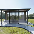 Garden Landscape With Modern Pavilion Metal Frame Vertical Slats Stone Base Pathway And Grass Trees