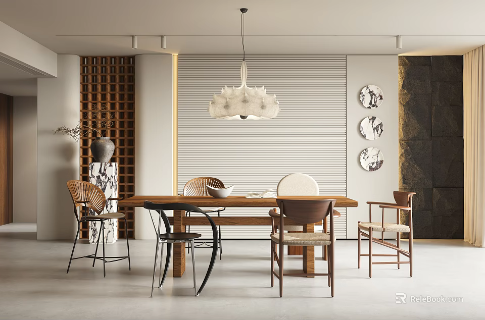 Elegant Restaurant Interior With Wooden Dining Table And Decorative Wall Art 3d model 