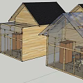 Wooden Hotel Building Architecture With Sloped Black Roof And Glass Transparent Sections