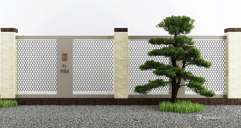 White Building Exterior Wall With Honeycomb Pattern Beige Decorative Strip And Pine Tree 3d model 