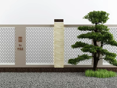 White Building Exterior Wall With Honeycomb Pattern Beige Decorative Strip And Pine Tree 3d model