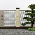 White Building Exterior Wall With Honeycomb Pattern Beige Decorative Strip And Pine Tree 3d model