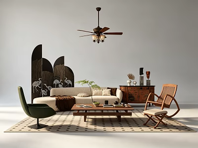 Stylish Sofa and Coffee Table Set with Green Accent Chair Wooden Rocker and Flamingo Decor 3d model