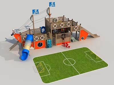 Pirate Themed Playground Equipment With Wooden Structure Blue Slide And Soccer Field Mat 3d model