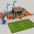 Pirate Themed Playground Equipment With Wooden Structure Blue Slide And Soccer Field Mat