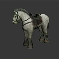 White Horse With Gray Mane Red Saddle And Bridle On Dark Background